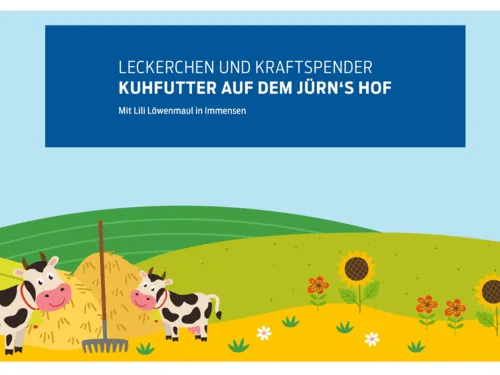 Kindliche Zeichnung von Kühen, Sonnenblumen und Landschaft